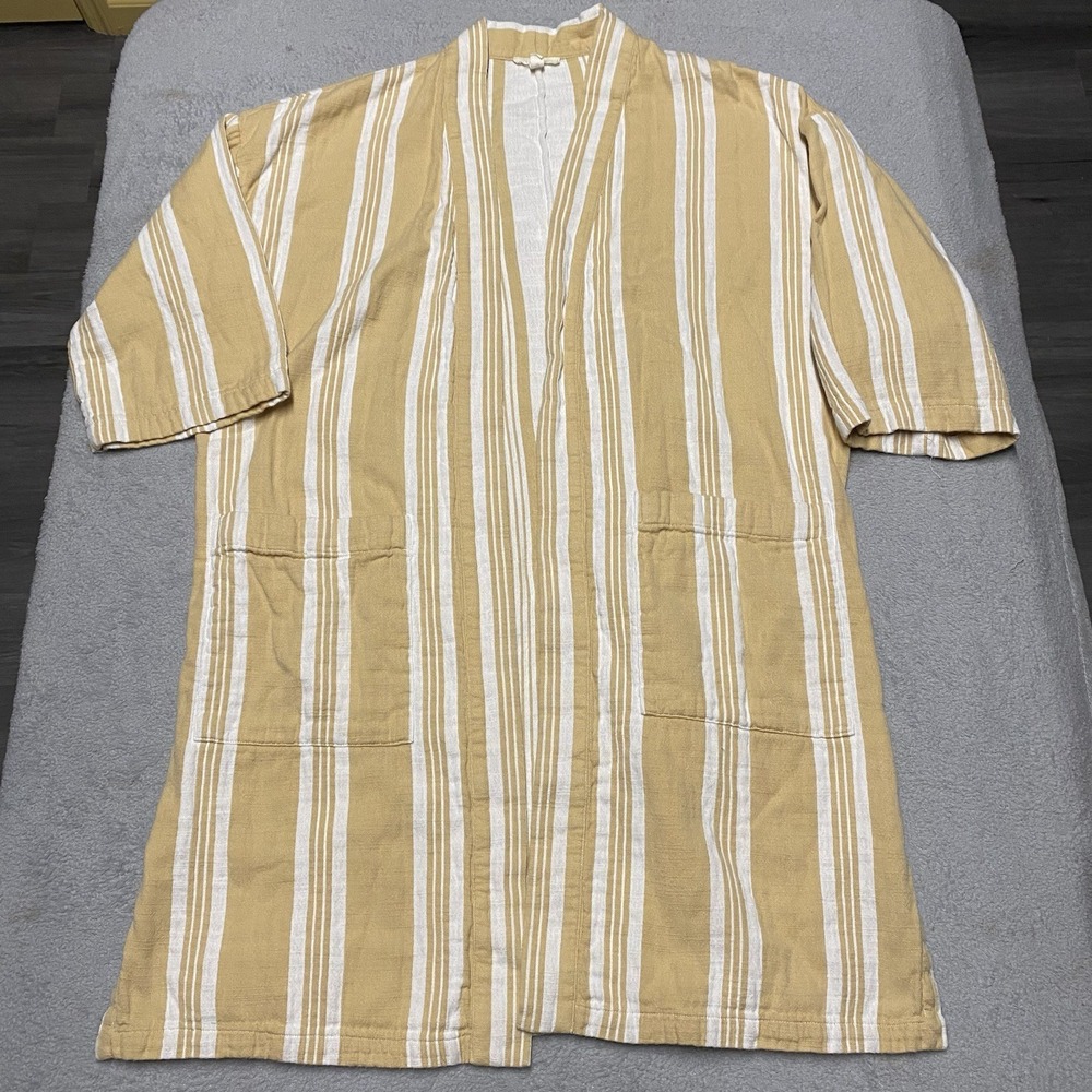 Eileen Fisher‎ Kimono Jacket S/M Yellow White Striped Organic Cotton Long Open
